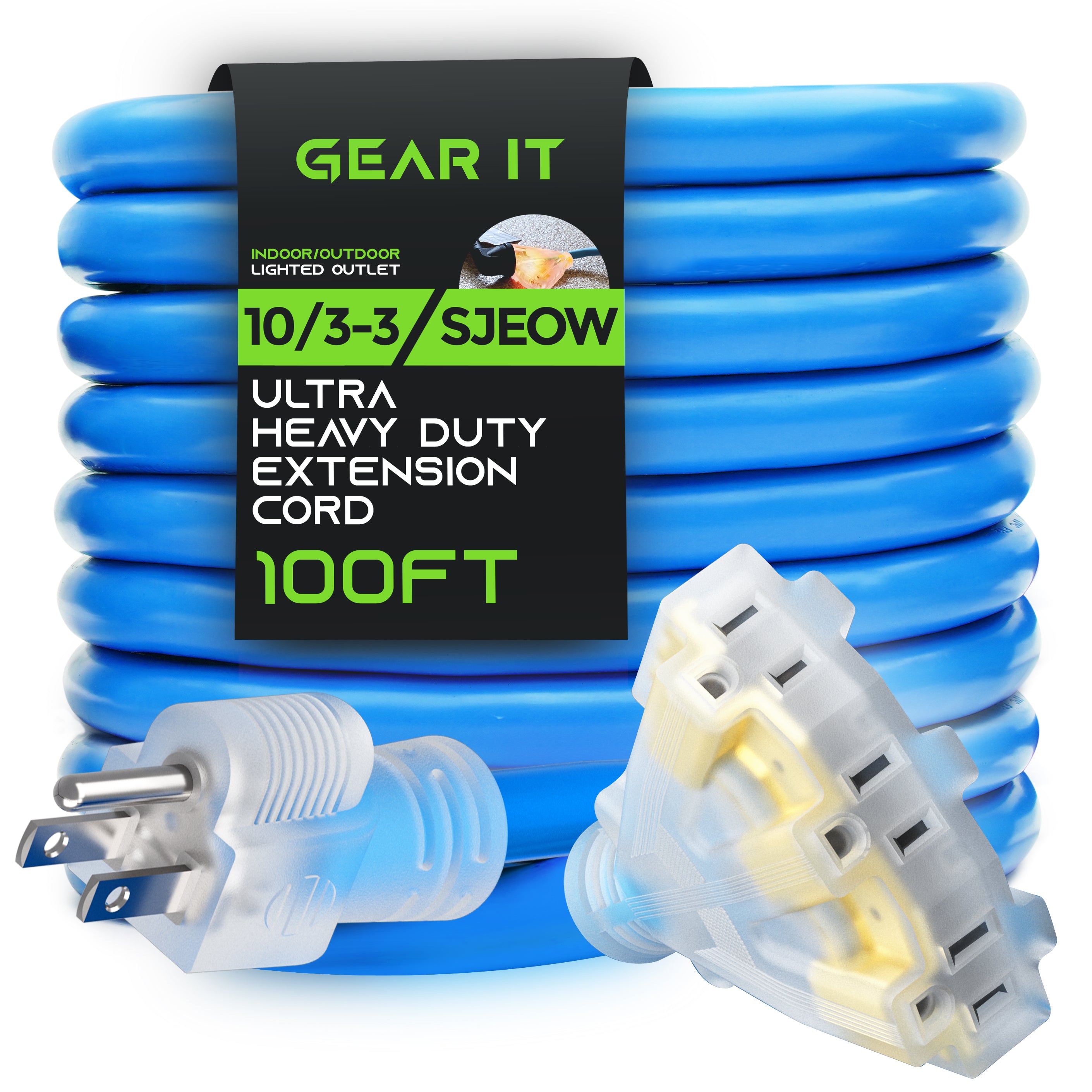 GearIT 10/3 Outdoor Extension Cord 100 Feet Triple Outlet SJEOW Ex