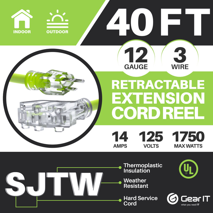 GearIT 12 AWG 14-Amps 40 Feet Retractable Power Extension Cord Reel with Ceiling Mount - UL Listed - 3 Outlets - GearIT