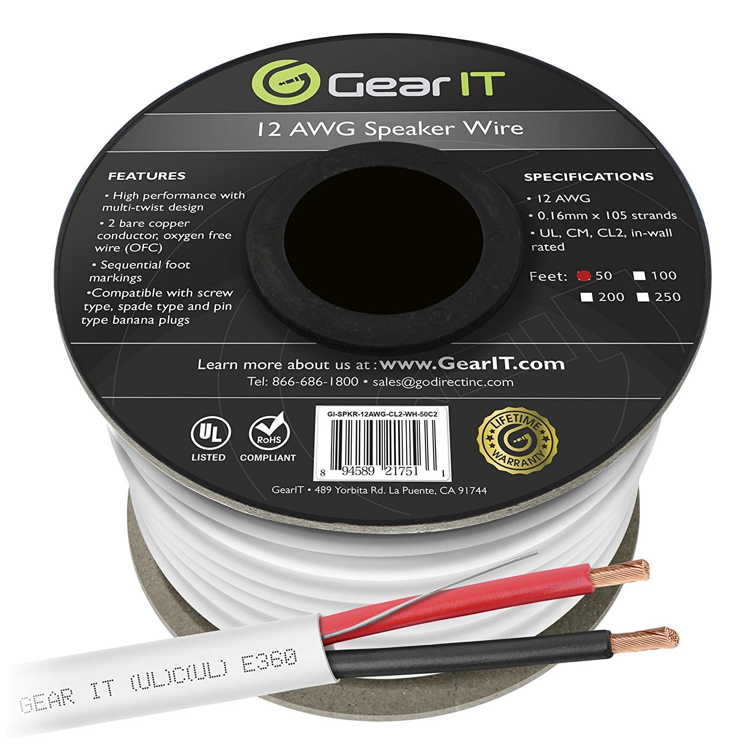GearIT 14/2 Speaker Wire (250 Feet) 14AWG Gauge - Outdoor Direct Burial in  Ground/in Wall / CL3 CL2 Rated / 2 Conductors - OFC Oxygen-Free Copper