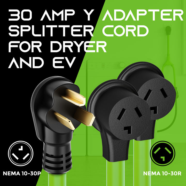 30 Amp NEMA 10-30P to Dual NEMA 10-30R Splitter Power Cord Adapter - 3 Prong STW 10AWG 3C GearIT