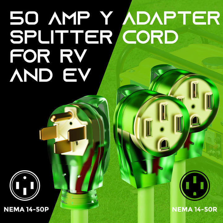 50 Amp NEMA 14-50P to Dual NEMA 14-50R Splitter Power Cord Adapter - 4 Prong STW 6/3, 8/1 AWG - GearIT