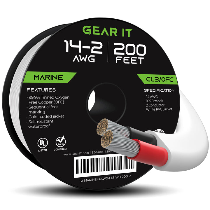 GearIT 14 AWG Marine Speaker Cable - 2-Conductor Tinned Copper Wire OFC - Electrical Grade, White - GearIT
