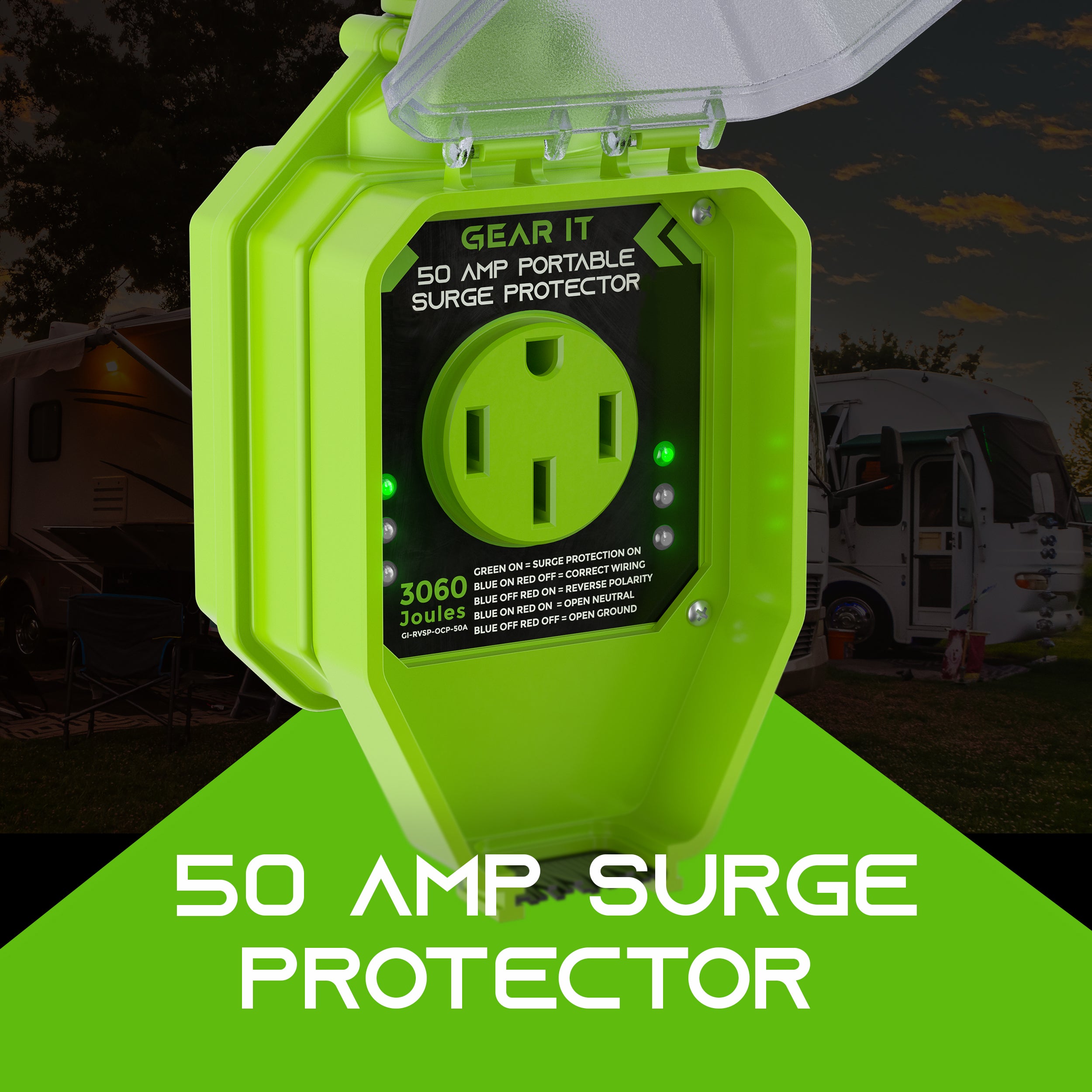 50Amp RV Surge Protector Plug with 3060 Joules Surge Protection Wea
