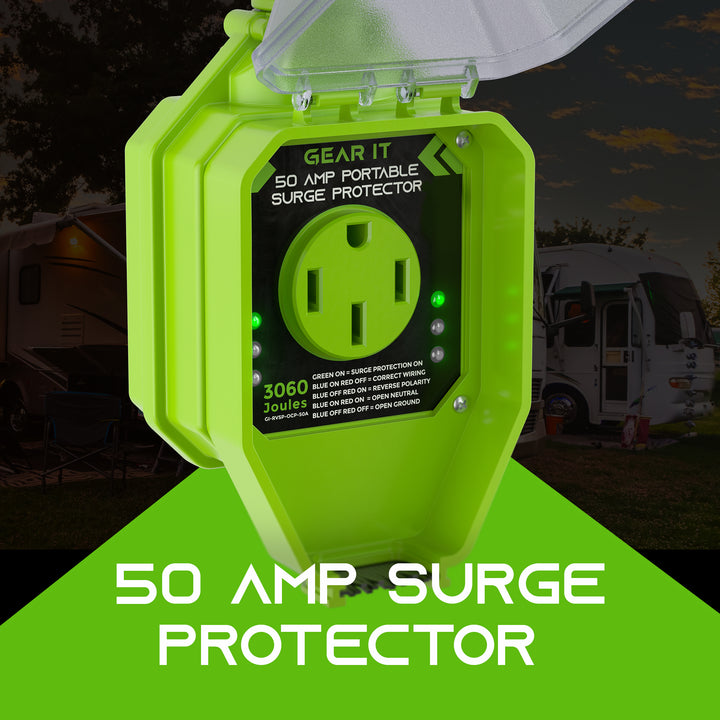 50-Amp RV Surge Protector Plug with 3060 Joules Surge Protection - Weatherproof Cover and OCP Reset - GearIT