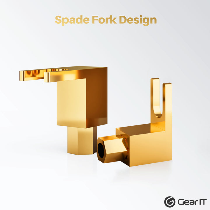 GearIT 4 Pairs Right Angle Spade Plugs - 90 Degree Pin Plug Type, 24K Gold Plated Speaker Binding Posts, 8 Pieces - GearIT