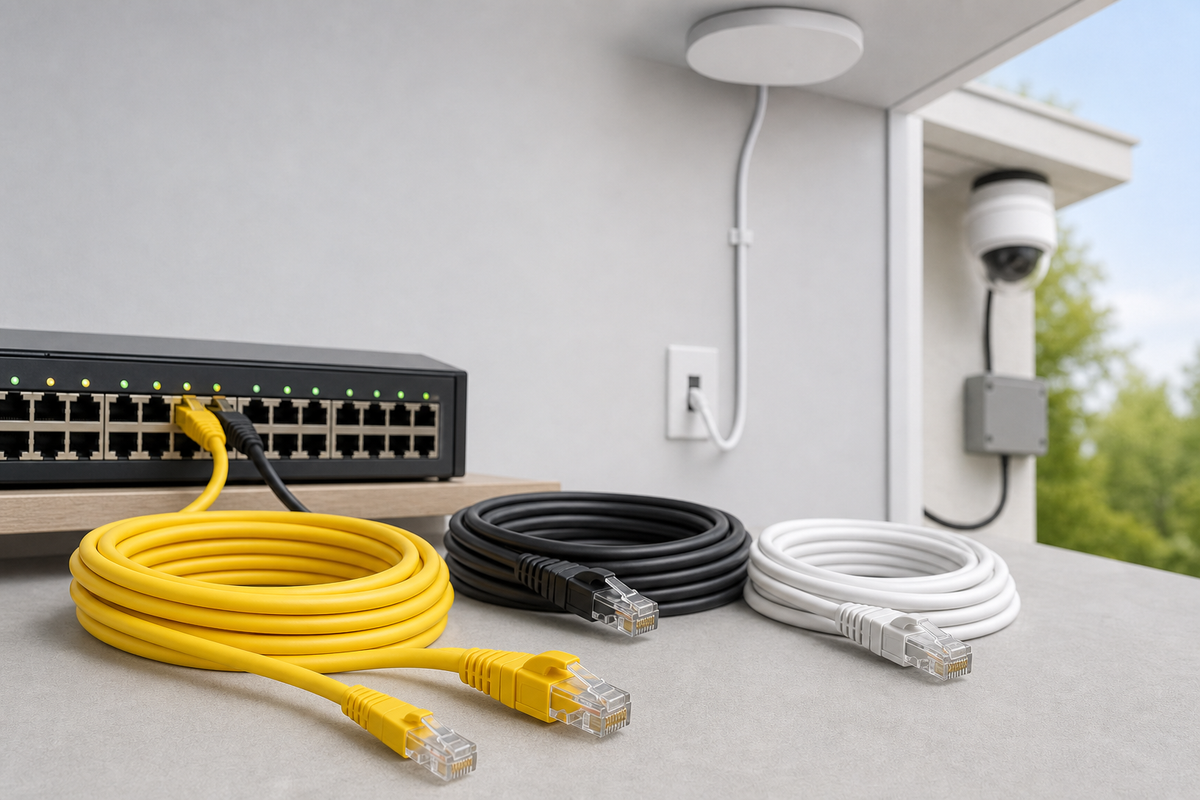 Diagram of PoE and PoE+ network runs showing cable gauge choices, distances, and device power classes for cameras and access points