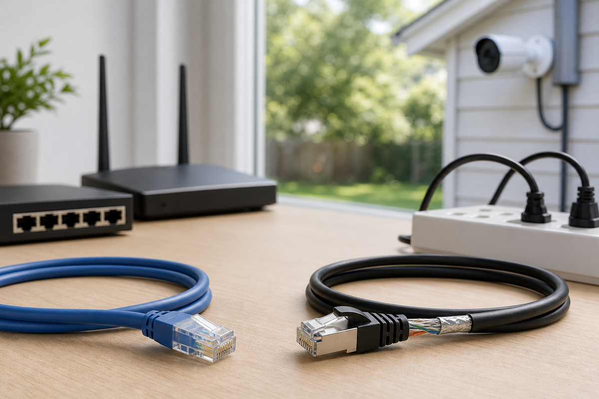 Close-up of S/FTP and UTP Ethernet cables side by side, with icons for EMI sources like power lines and LED drivers in a modern home office
