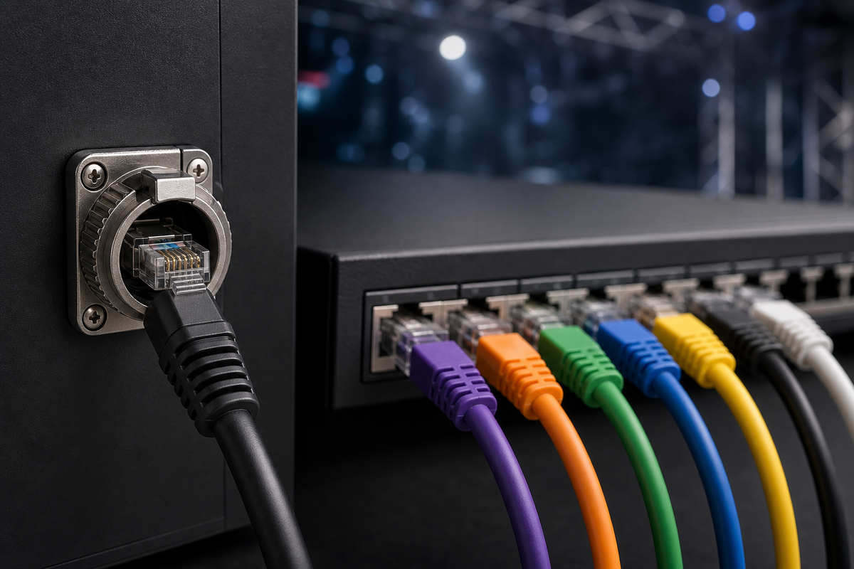 Close-up of a ruggedized EtherCON-style RJ45 connector mated to a stagebox port with a black Cat6 cable on a live stage.