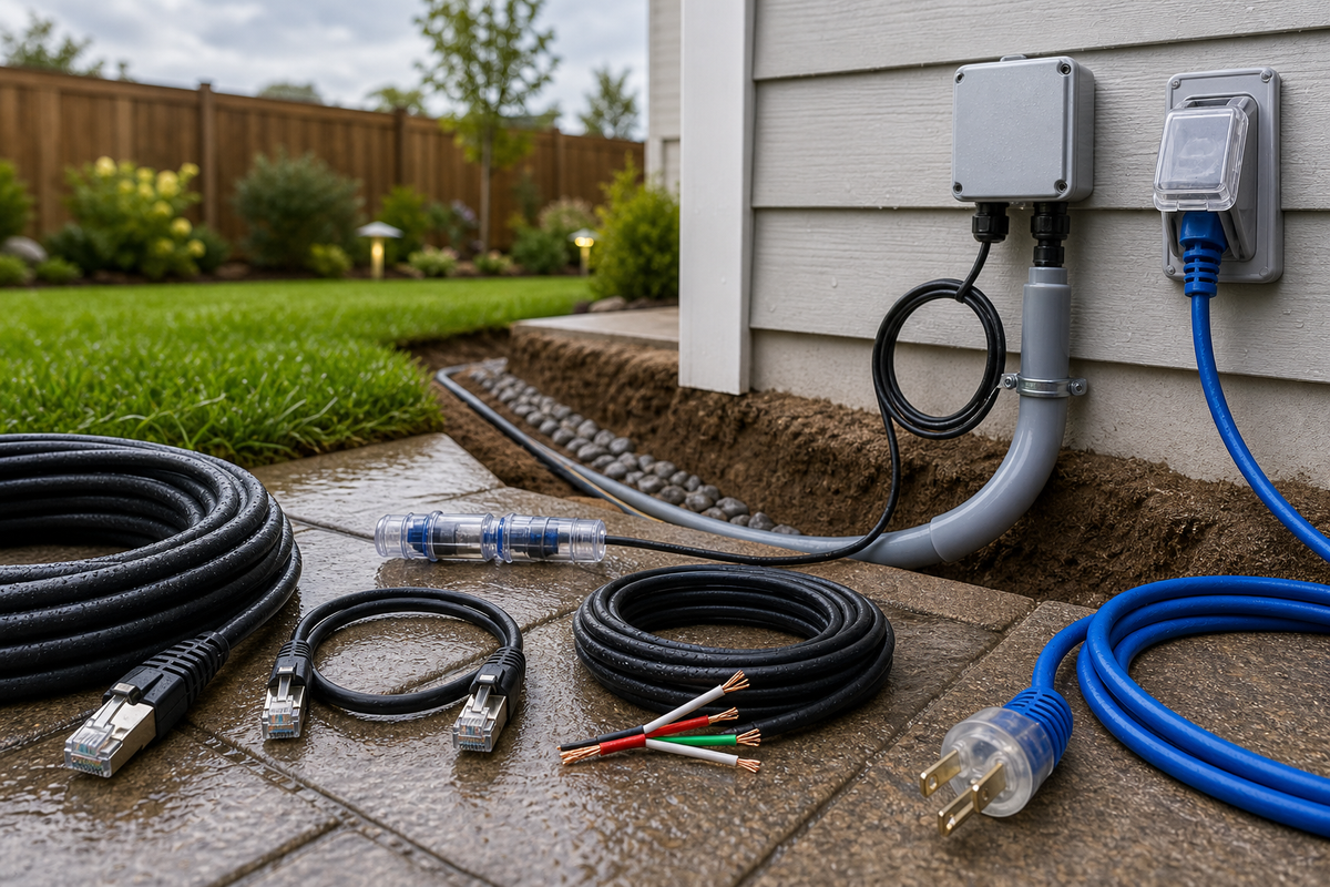 Installer placing outdoor-rated Ethernet and speaker wire into a shallow trench with a short PVC conduit sleeve and sealed junction box nearby.