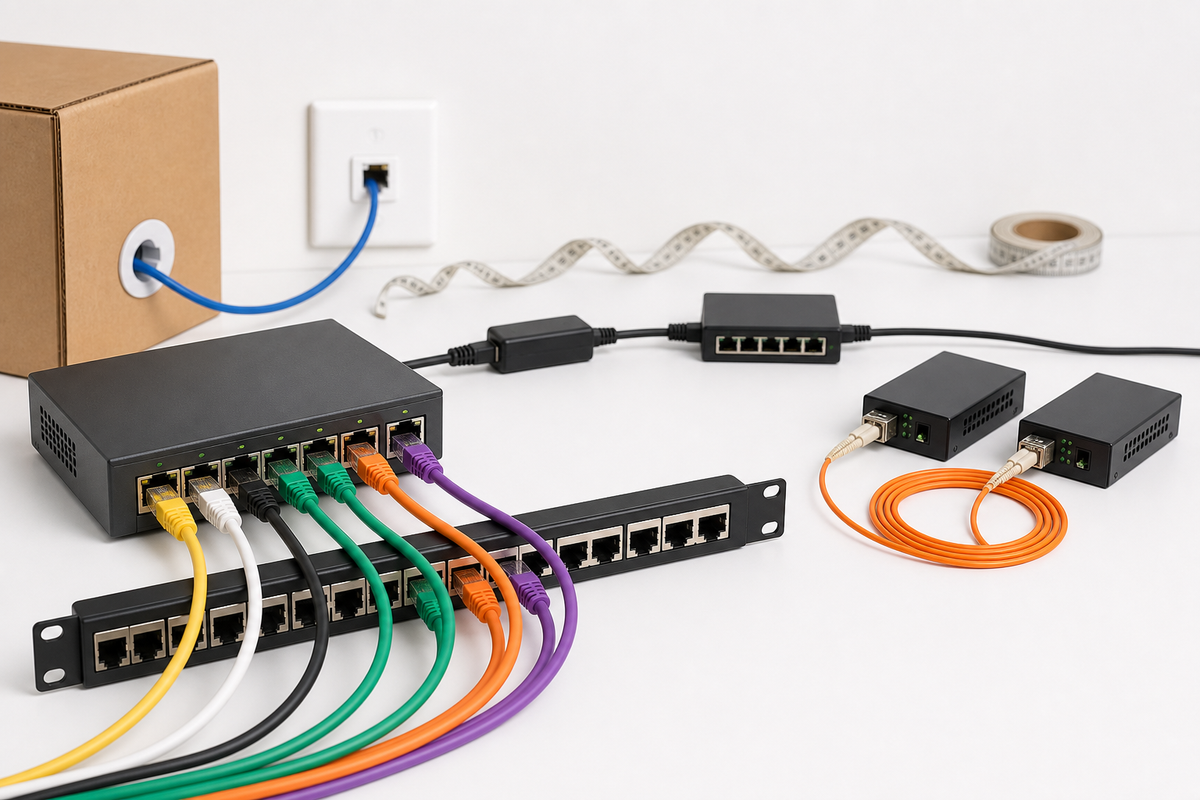 Technician measuring an Ethernet patch cable and planning a network link budget that stays under the 100‑meter channel limit