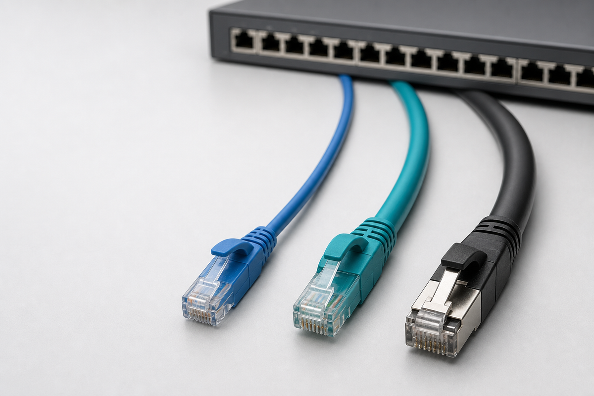 Close-up of Cat6, Cat6a, and Cat8 Ethernet patch cables plugged into a multi‑gigabit switch, with labeled ports for 1G, 2.5G, 5G, and 10G.