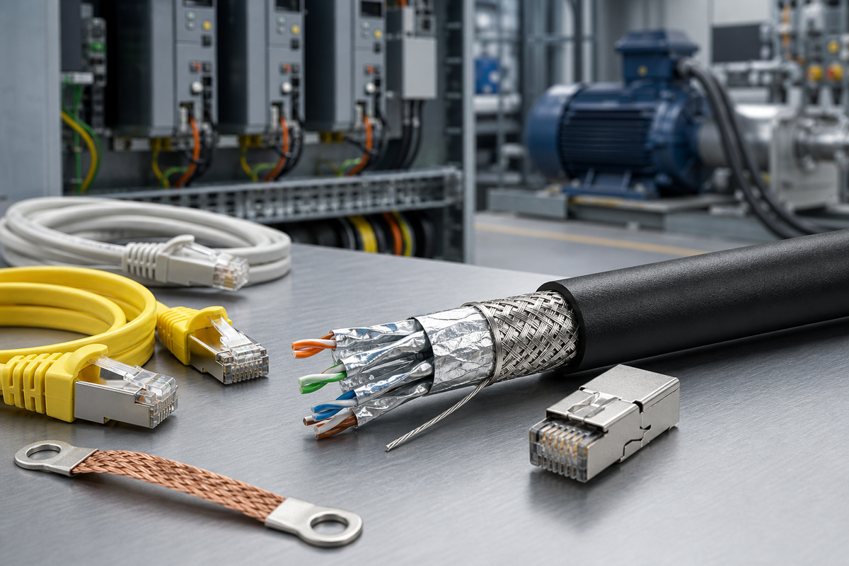 Technician routing a shielded S/FTP Industrial Ethernet cable in a control panel next to VFDs and contactors