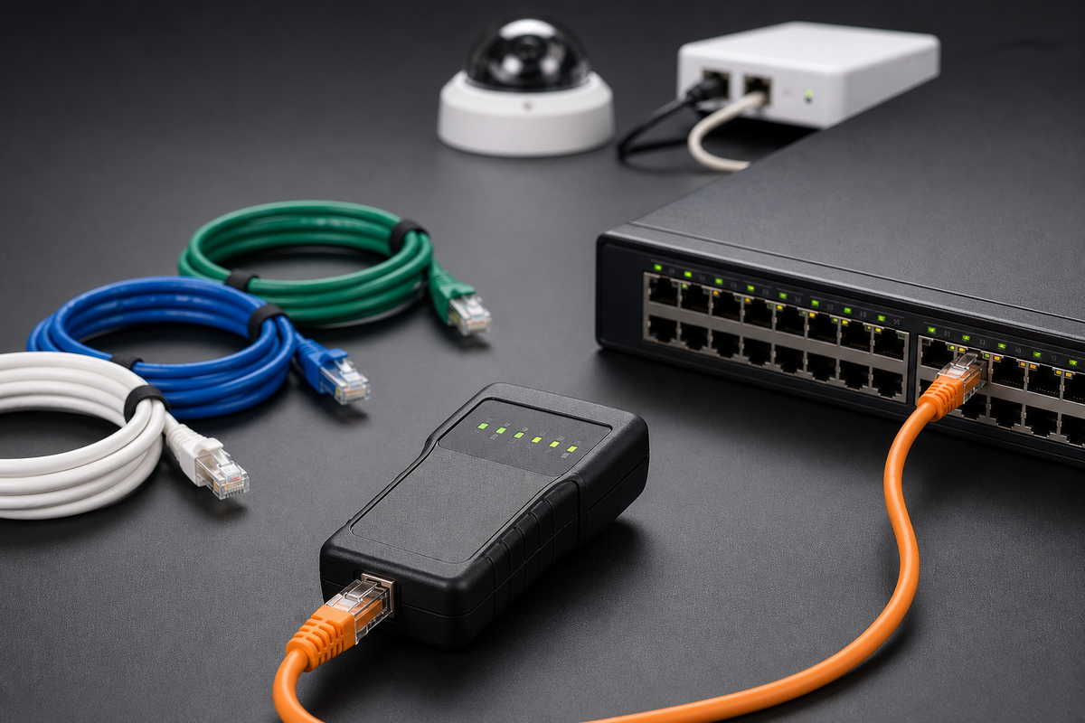 Technician testing an RJ45 patch cable with a handheld Ethernet cable tester beside a switch with link lights