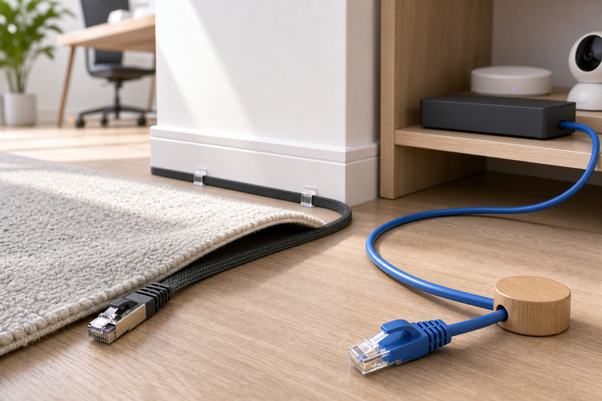 Close-up of a flat braided Ethernet cable routed under a rug next to a round snagless patch cable coiled at a desk