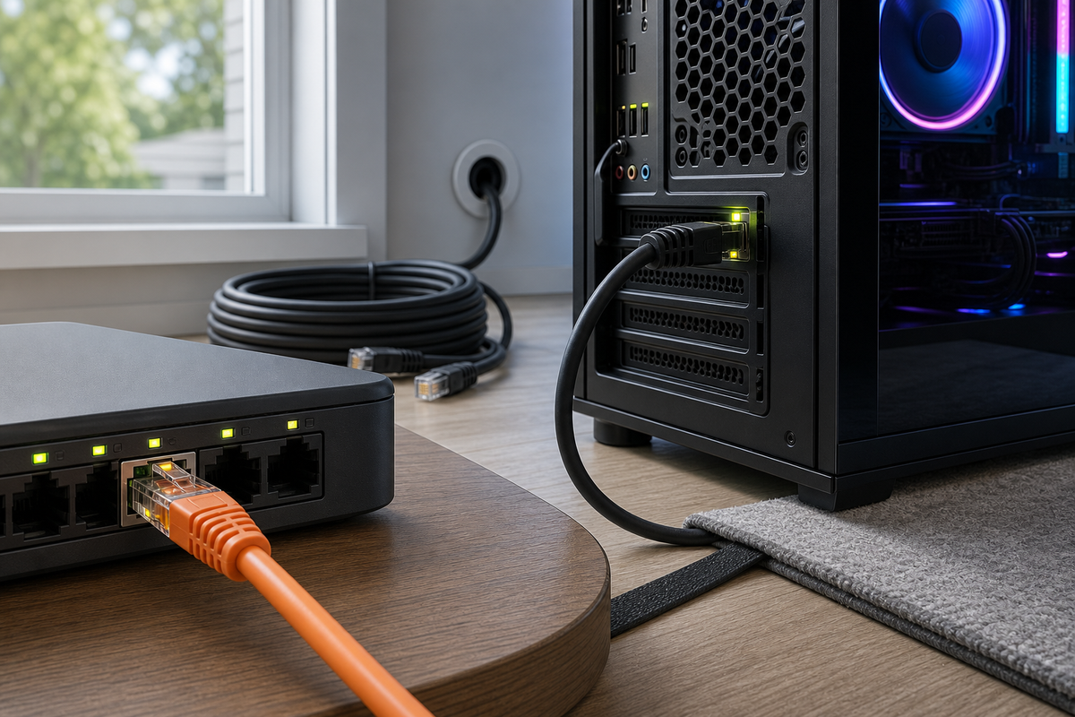 A PC and game console hard‑wired to a router with a short Ethernet patch cable on a clean desk; a longer run disappears under a rug to a living room console.
