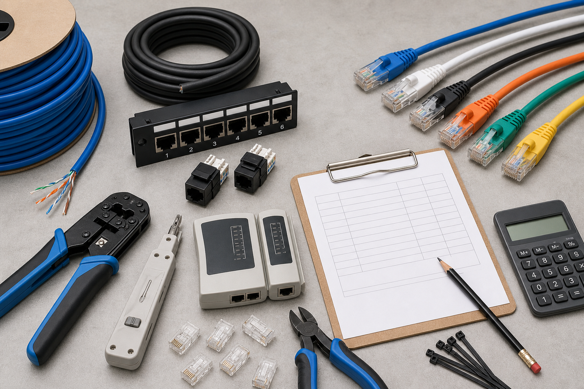 Workbench view with a box of bulk Cat6, RJ45 connectors, crimp and punchdown tools on the left, and neatly coiled pre‑made patch cables on the right.