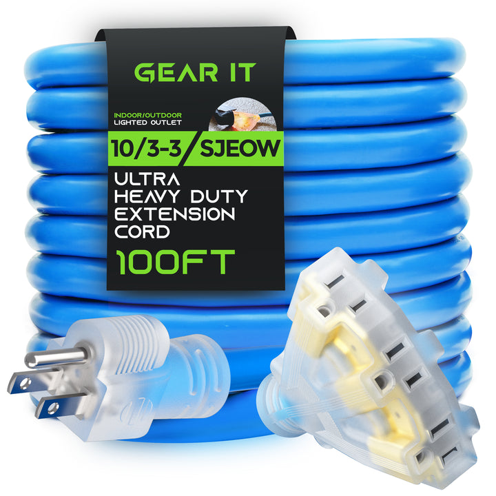 GearIT Extension Cord 100 Feet 10/3-3 Triple Outlet Ultra Heavy Duty SJEOW Extreme Weather Outdoor/Indoor - 10 Gauge 3 Prong, LED Lighted Plug, Oil