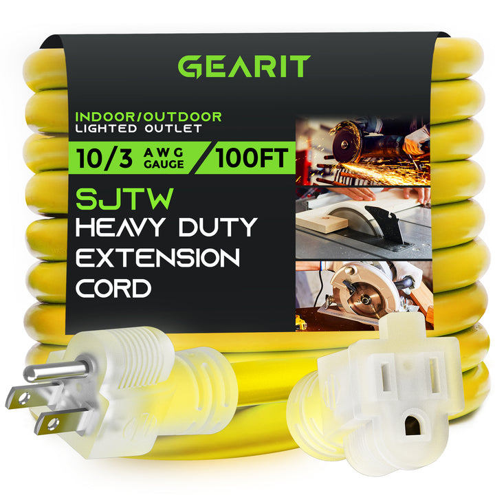 GearIT 10/3 Outdoor Extension Cord (100 Feet) 10 AWG Gauge - 3 Prong Plug - SJTW Heavy Duty for Indoor/Outdoor - All Purpose Weather Resistant - Power