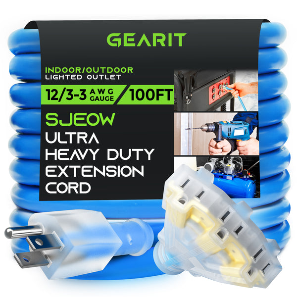 GearIT 12/3 Outdoor Extension Cord 100 Feet Triple Outlet - SJEOW - Extreme Weather Resistant - 12 Gauge 3 Prong, Blue - GearIT