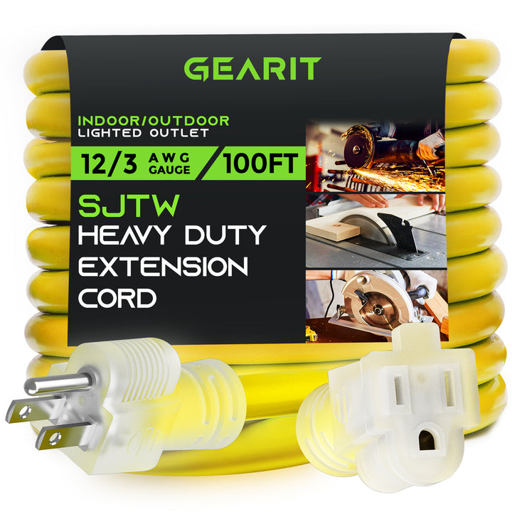 GearIT 12/3 Outdoor Extension Cord 100 Feet - SJTW - Weather Resistant - 12 Gauge 3 Prong, Yellow GearIT