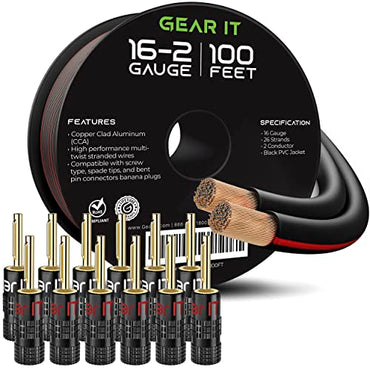 GEARit 16 gauge speaker wire 100 ft spool with 12 banana plugs