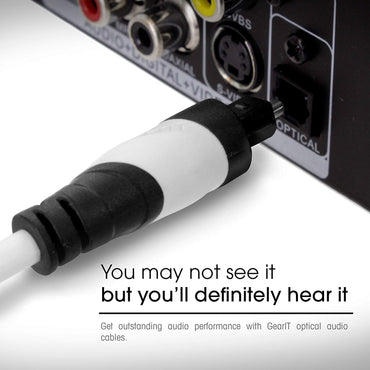 Optical audio cable plugged into AV receiver digital optical port