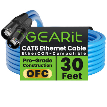 GEARit Shielded Cat6 EtherCON Cable – Locking RJ45 Ethernet for Pro Audio, Dante, DMX & Stage Lighting, Black or Blue, 3–300 ft