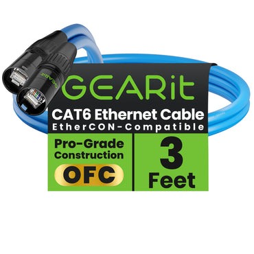 GEARit Shielded Cat6 EtherCON Cable – Locking RJ45 Ethernet for Pro Audio, Dante, DMX & Stage Lighting, Black or Blue, 3–300 ft