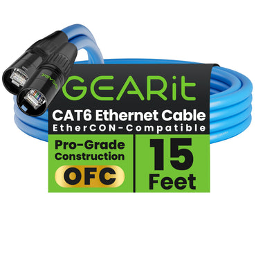 GEARit Shielded Cat6 EtherCON Cable – Locking RJ45 Ethernet for Pro Audio, Dante, DMX & Stage Lighting, Black or Blue, 3–300 ft