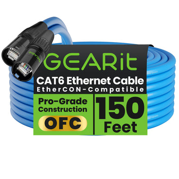 GEARit Shielded Cat6 EtherCON Cable – Locking RJ45 Ethernet for Pro Audio, Dante, DMX & Stage Lighting, Black or Blue, 3–300 ft