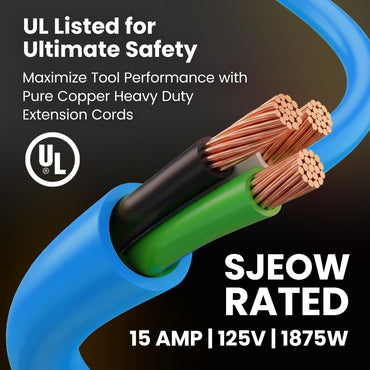 14/3 Outdoor Extension Cord 100 Feet - SJEOW - Extreme Weather Resistant - 14 Gauge 3 Prong, Blue