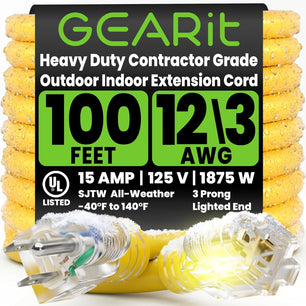 12/3 SJTW Outdoor Extension Cord Yellow, 100 Feet