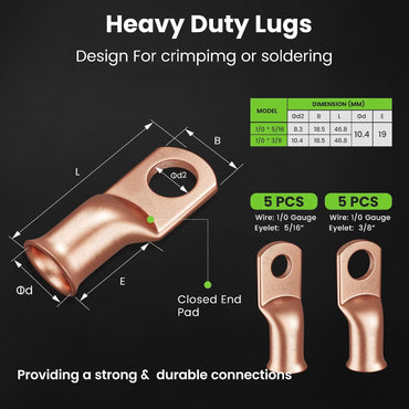 Heavy duty copper lugs for crimping or soldering