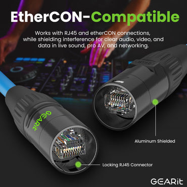 GEARit Shielded Cat6 EtherCON Cable – Locking RJ45 Ethernet for Pro Audio, Dante, DMX & Stage Lighting, Black or Blue, 3–300 ft