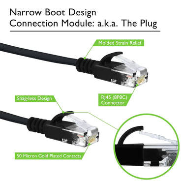 Cat6 flat cable narrow snagless boot design