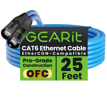 GEARit Shielded Cat6 EtherCON Cable – Locking RJ45 Ethernet for Pro Audio, Dante, DMX & Stage Lighting, Black or Blue, 3–300 ft