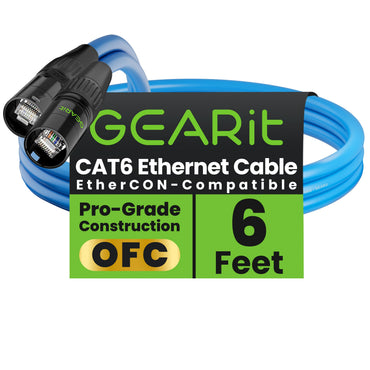 GEARit Shielded Cat6 EtherCON Cable – Locking RJ45 Ethernet for Pro Audio, Dante, DMX & Stage Lighting, Black or Blue, 3–300 ft