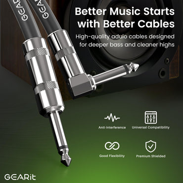 Right Angle to Straight 1/4 Inch Male to Male Guitar Instrument Cable, Black