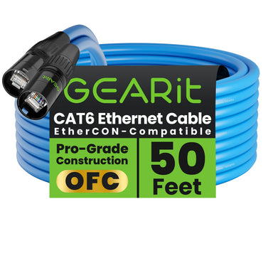 GEARit Shielded Cat6 EtherCON Cable – Locking RJ45 Ethernet for Pro Audio, Dante, DMX & Stage Lighting, Black or Blue, 3–300 ft