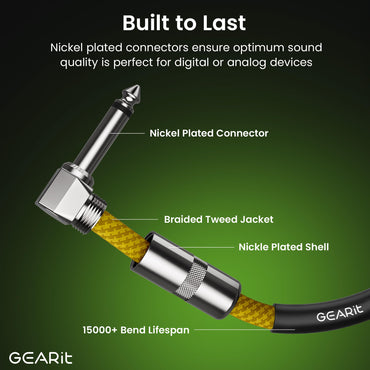 Right Angle to Straight 1/4 Inch Male to Male Guitar Instrument Cable, Yellow