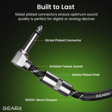 Right Angle to Straight 1/4 Inch Male to Male Guitar Instrument Cable, Black