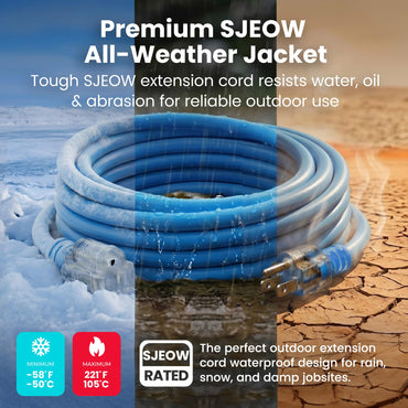14/3 Outdoor Extension Cord 100 Feet - SJEOW - Extreme Weather Resistant - 14 Gauge 3 Prong, Blue