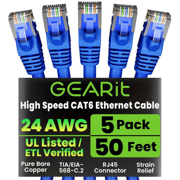 GEARit Cat6 Patch Cables Cat 6 Ethernet Cable 50 ft 5-Pack Blue