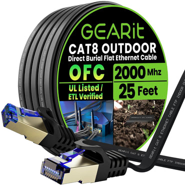 GEARit Cat8 Outdoor Flat Ethernet Cable 25ft Black