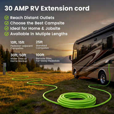 30-Amp Extension Cord for RV and Auto, 125-Volt, 3-Prong, 10/3 STW 10AWG Gauge 3 Wire, NEMA TT-30P to TT-30R, Outdoor, Waterproof, Outdoor Camper Power Cord