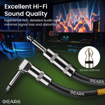 Right Angle to Straight 1/4 Inch Male to Male Guitar Instrument Cable, Yellow