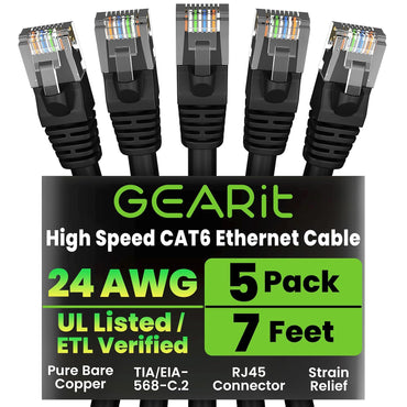GEARit Cat6 Patch Cables Cat 6 Ethernet Cable 7 ft 5-Pack Black