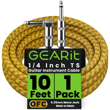 Right Angle to Straight 1/4 Inch Male to Male Guitar Instrument Cable, Yellow