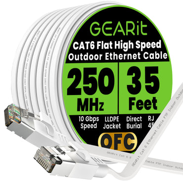 GEARit Cat6 Outdoor Flat Ethernet Cable – Direct Burial, Shielded OFC, UV-Resistant LLDPE, 15–200 ft, 3 Colors