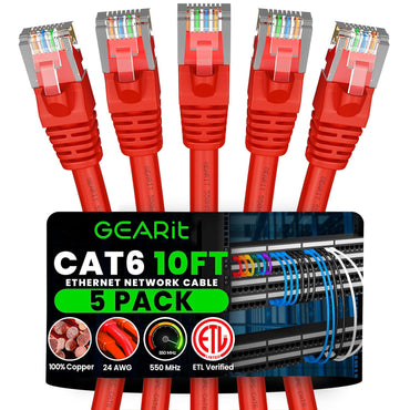 GEARit Cat6 Patch Cables Cat 6 Ethernet Cable 10 ft 5-Pack Red